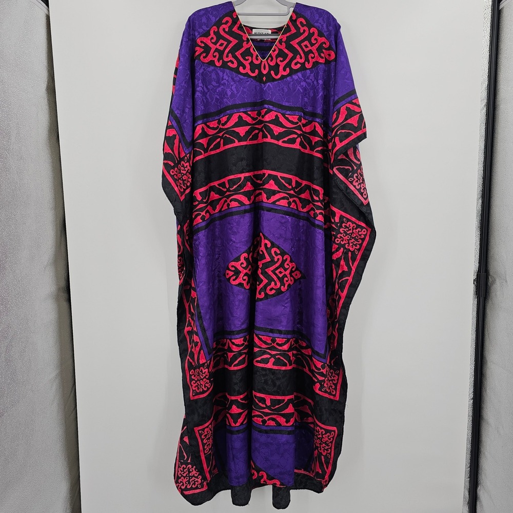 Winlar Vintage Kaftan Maxi Dress Purple Pink Black‎ Geometric Jacquard One Size